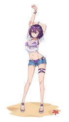 Rule 34 | 1girl, absurdres, ahoge, arms up, bare legs, bikini, bikini under clothes, blue footwear, breasts, chinese commentary, commentary request, crop top, denim, denim shorts, du mogu, front-tie bikini top, front-tie top, full body, groin, hair between eyes, hair ornament, highres, looking at viewer, medium breasts, navel, one eye closed, open fly, original, purple bikini, purple eyes, purple hair, sandals, see-through, shirt, short hair, short shorts, shorts, side-tie bikini bottom, simple background, solo, standing, starfish, stomach, swimsuit, tears, thigh strap, thighs, wavy mouth, white background, white shirt