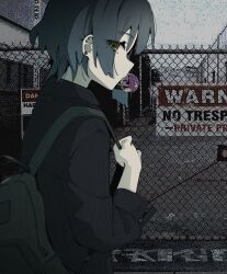 Rule 34 | 1girl, absurdres, backpack, bag, black hair, black jacket, bocchi the rock!, brown eyes, blowing bubbles, commentary, ear piercing, earrings, english commentary, eyes visible through hair, fence, from side, gotoh hitori, highres, jacket, jewelry, looking at viewer, machuuu68, objectification, photo background, piercing, solo, upper body, yamada ryo