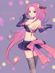 Rule 34 | 1girl, back, black thighhighs, bow, dimples of venus, elbow gloves, gloves, hair ornament, long hair, looking back, lucia, lucia (pangya), microphone, midriff, miniskirt, music, official art, pangya, pink hair, red eyes, ribbon, seedark, skirt, smile, solo, thighhighs, very long hair