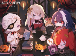 Rule 34 | alchemy stars, book, book stack, candlelight, candlestand, chibi, cup, eyepatch, halloween, highres, holding, holding book, multicolored hair, nails (alchemy stars), official art, pact (alchemy stars), paloma (alchemy stars), pumpkin, reading, sitting, sleeping, teacup, teapot, two-tone hair, victoria (alchemy stars)