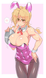 Rule 34 | 1girl, absurdres, animal ears, bare shoulders, black pantyhose, blonde hair, blush, braid, breasts, brown eyes, cleavage, covered abs, detached collar, embarrassed, fake animal ears, hair between eyes, hand on own hip, highres, holding, holding plate, kaitou reiko, large breasts, leotard, long hair, low twin braids, muscular, muscular female, original, oteruko (wanabeee), pantyhose, pink leotard, plate, playboy bunny, rabbit ears, solo, spoken blush, strapless, sweatdrop, thigh gap, twin braids, white background, white wrist cuffs, wrist cuffs