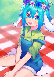 Rule 34 | 1boy, absurdres, animal ears, barefoot, basil (headspace) (omori), basil (omori), blanket, blue overalls, blush, collared shirt, flower, green eyes, green hair, green shirt, head wreath, highres, looking at viewer, omori, open mouth, overall shorts, overalls, rabbit ears, shirt, short hair, short sleeves, sitting, smile, solo, teeth, tongue, totemo sindo, wariza