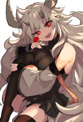 Rule 34 | 1girl, :d, arknights, bare shoulders, black thighhighs, breasts, detached sleeves, head tilt, highres, horns, knee up, large breasts, long hair, long sleeves, looking at viewer, matoimaru (arknights), no shoes, open mouth, red eyes, silver hair, simple background, smile, solo, spica (spica 1510), thick eyebrows, thighhighs, very long hair, white background, wide sleeves