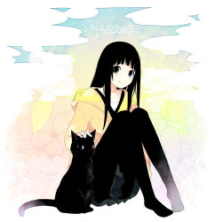 Rule 34 | 10s, 1girl, black cat, black hair, black pantyhose, blue eyes, cat, chito (flying witch), cloud, collarbone, copyright name, floral background, flying witch, headpat, highres, hood, hoodie, kowata makoto, long hair, looking at viewer, no shoes, pantyhose, run723, sidelocks, sitting, skirt, sky, smile, solo