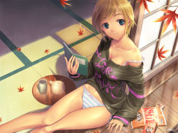 Rule 34 | 1girl, aqua eyes, autumn, bad id, bad pixiv id, blonde hair, blue eyes, book, bottomless, bra strap, breasts, cleavage, clothes writing, food, green eyes, leaf, medium breasts, no pants, off shoulder, open book, original, panties, pocky, reading, short hair, shounen democratica, sitting, smile, solo, strap slip, striped clothes, striped panties, tatami, tea set, teapot, underwear