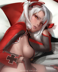 Rule 34 | 1girl, azur lane, blush, boots, breasts, brown eyes, clothing cutout, cross, gloves, hair between eyes, headgear, iron cross, large breasts, leotard, long hair, long sleeves, looking at viewer, mole, mole on breast, multicolored hair, parted lips, patreon username, prinz eugen (azur lane), red hair, side cutout, sideboob, silver hair, solo, streaked hair, thigh boots, thighhighs, thighs, two side up, very long hair, zumi (zumidraws)