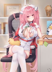 Rule 34 | 1girl, azur lane, bird, blush, breasts, center opening, chair, chick, crossed legs, gloves, hair ornament, half gloves, hat, highres, holding, holding syringe, id card, large breasts, long hair, looking at viewer, manjuu (azur lane), nurse, nurse cap, perseus (azur lane), perseus (unfamiliar duties) (azur lane), pink eyes, pink gloves, pink hair, sitting, solo, syringe, thighhighs, twintails, very long hair, wei xiao, white hat, white thighhighs