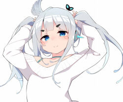 Rule 34 | 1girl, and uge, blue choker, blue eyes, blunt bangs, choker, closed mouth, commentary request, flat chest, grey hair, hairpods, holding, holding own hair, long hair, long sleeves, looking at viewer, medium bangs, nanashi inc., off-shoulder sweater, off shoulder, simple background, smile, solo, sweater, terazip, thick eyebrows, twintails, upper body, virtual youtuber, white background, white sweater, winding key