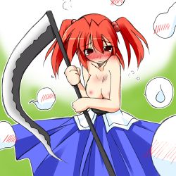 Rule 34 | 1girl, blush, breasts, embarrassed, female focus, ghost, hair bobbles, hair ornament, hitodama, large breasts, lowres, nipples, onozuka komachi, red hair, scythe, short hair, solo, speech bubble, sweatdrop, tears, topless, touhou, twintails, two side up