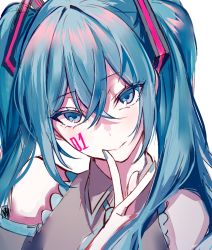 Rule 34 | 1girl, bare shoulders, blue eyes, blue hair, blue nails, blue necktie, close-up, commentary, eyelashes, eyes visible through hair, facepaint, finger to mouth, fingernails, ggatip, grey shirt, hair between eyes, hatsune miku, head tilt, highres, light smile, long hair, looking at viewer, nail polish, necktie, portrait, shaded face, shirt, simple background, sleeveless, sleeveless shirt, solo, twintails, vocaloid, white background