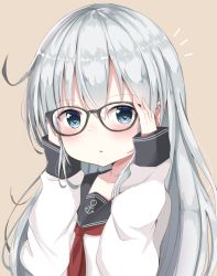 Rule 34 | 1girl, :o, akino ell, bespectacled, black-framed eyewear, blush, brown background, commentary request, glasses, hibiki (kancolle), highres, kantai collection, long hair, long sleeves, looking at viewer, no headwear, no headwear, school uniform, serafuku, silver hair, simple background, solo, upper body