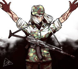 Rule 34 | 1girl, arms up, assault rifle, blood, blood on face, blood on hands, breast pocket, breasts, camouflage, camouflage headwear, camouflage jacket, camouflage pants, commentary, espedraws, finnish army, finnish commentary, grey eyes, gun, hat, highres, jacket, magazine (weapon), medium breasts, military, military uniform, occult, one eye covered, original, pants, pocket, rifle, rk62, sleeves rolled up, solo, uniform, weapon, white hair