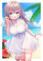 Rule 34 | 1girl, :d, bare shoulders, blue sky, breasts, brown footwear, brown hair, cloud, commentary request, day, dress, hair between eyes, hair ornament, hairclip, hand up, highres, horizon, long hair, looking at viewer, medium breasts, ocean, open mouth, original, purple eyes, sandals, sky, sleeveless, sleeveless dress, smile, solo, standing, standing on one leg, usashiro mani, water, white dress