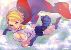 Rule 34 | 1girl, animification, blonde hair, blue eyes, blue footwear, blue gloves, boots, breasts, cape, cleavage, cleavage cutout, clothing cutout, dc comics, flying, gloves, kotatsu (g-rough), leotard, lips, looking back, muscular, outdoors, power girl, red cape, sky, smile, solo, superhero costume, superman (series), western comics (style), white leotard