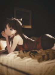 Rule 34 | 1girl, absurdres, bad id, bad pixiv id, black bow, black skirt, blue eyes, bow, brown hair, closed mouth, derivative work, earrings, evrlstinq, fate/stay night, fate (series), hair bow, highres, huge filesize, jewelry, long hair, lying, miniskirt, on stomach, pleated skirt, red shirt, shirt, siino, skirt, sleeveless, sleeveless shirt, smile, solo, tohsaka rin, twintails