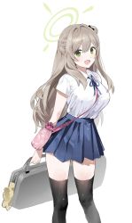 Rule 34 | 1girl, :d, alternate costume, bag, black thighhighs, blue archive, blue ribbon, blue skirt, breasts, collared shirt, dohyo123123, feet out of frame, green eyes, grey bag, hair between eyes, hair rings, halo, highres, holding, holding bag, large breasts, light brown hair, long hair, looking at viewer, neck ribbon, nonomi (blue archive), open mouth, pleated skirt, ribbon, shirt, shirt tucked in, short sleeves, simple background, skirt, smile, solo, thighhighs, white background, white shirt