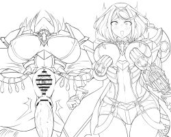 Rule 34 | 1boy, 1girl, anal, anus, armor, blush, bottomless, grabbing another&#039;s breast, breasts, censored, commentary, gatyo 5, gem, gloves, grabbing, hair ornament, head back, headpiece, helmet, hetero, jewelry, large breasts, looking at viewer, monochrome, nintendo, nipple slip, nipples, penis, pussy, pyra (xenoblade), rex (xenoblade), sex, short hair, short shorts, shorts, simple background, surprised, swept bangs, tiara, white background, xenoblade chronicles (series), xenoblade chronicles 2