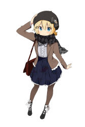 Rule 34 | 1girl, arm up, bag, black bow, black footwear, black hat, blonde hair, blue eyes, blue skirt, blush, boots, bow, brown jacket, brown pantyhose, center frills, chikanoko, closed mouth, collared shirt, commentary request, cross-laced footwear, floral print, frills, fringe trim, full body, grey scarf, hair bow, hair ornament, hand on headwear, hat, hat bow, highres, jacket, lace-up boots, open clothes, open jacket, pantyhose, plaid, plaid scarf, print skirt, ragho no erika, scarf, shirt, shoulder bag, simple background, skirt, smile, solo, standing, uchino chika, white background, white bow, white shirt, x hair ornament
