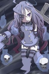 Rule 34 | 1girl, ghost, long hair, monster girl, mukai keiichirou, original, purple eyes, purple hair, skull, sleeves past wrists, solo, stitches, striped clothes, striped thighhighs, thighhighs
