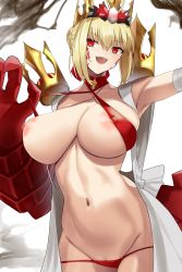 Rule 34 | 1girl, ahoge, areola slip, armpits, bikini, blonde hair, braid, breasts, claws, cleavage, clothes lift, collarbone, covered erect nipples, criss-cross halter, crown, dragon claw, dragon tail, elbow gloves, facial mark, fate/grand order, fate/grand order arcade, fate (series), french braid, gachou, gloves, groin, hair bun, hair intakes, hair ribbon, halterneck, highres, huge breasts, large breasts, long hair, looking at viewer, navel, nero claudius (fate), nero claudius (fate) (all), nipples, open clothes, open mouth, pussy, pussy peek, queen draco (fate), red bikini, red eyes, red ribbon, ribbon, robe, smile, solo, stomach, swimsuit, tail, thighs, underboob, white gloves, white robe