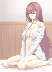 Rule 34 | 1girl, alternate costume, breasts, cleavage, collarbone, fate/grand order, fate (series), hair intakes, large breasts, long hair, long sleeves, looking down, matsunaga garana, no bra, open clothes, open shirt, purple hair, red eyes, scathach (fate), shirt, solo, white shirt