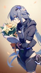 Rule 34 | 1girl, absurdres, bandages, black bodysuit, black gloves, black hair, blue eyes, bodysuit, bouquet, closed mouth, elbow gloves, flower, fu hua, fu hua (shadow knight), gloves, gskrika, happy birthday, highres, holding, holding bouquet, honkai (series), honkai impact 3rd, long hair, looking at viewer, petals, ponytail, smile, solo, white flower