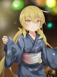 Rule 34 | 1girl, absurdres, alternate costume, artist name, blonde hair, blue kimono, commentary request, cowboy shot, crescent, crescent pin, etsuransha no rei, highres, japanese clothes, kantai collection, kimono, long hair, night, orb, satsuki (kancolle), solo, standing, twintails, yellow eyes, yukata