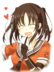 Rule 34 | 10s, 1girl, ^ ^, blush, brown hair, closed eyes, elbow gloves, gloves, heart, kantai collection, mashayuki, open mouth, pointing, pointing up, sendai (kancolle), smile, solo, twintails, two side up, upper body