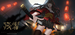Rule 34 | 1girl, baka (mh6516620), black hair, black thighhighs, blurry, depth of field, dice, embers, from below, highres, japanese clothes, katana, lantern, letterboxed, long hair, mole, moon, paper lantern, pixiv fantasia, pixiv fantasia t, solo, sword, thighhighs, weapon, yellow eyes