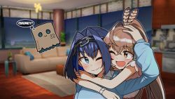 Rule 34 | blue eyes, blue hair, brown hair, ddolbang, highres, hololive, hololive english, nanashi mumei, ouro kronii, virtual youtuber