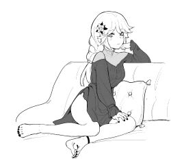 Rule 34 | 1girl, ankle strap, barefoot, black nails, braid, braided ponytail, breasts, closed mouth, collarbone, commentary, couch, dress, feet, flower, full body, greyscale, hair flower, hair ornament, hand on own thigh, hand up, highres, legs, long hair, looking at viewer, medium breasts, monochrome, nail polish, on couch, original, pillow, sedai, short dress, sidelocks, simple background, sitting, soles, solo, swept bangs, thighs, toenail polish, toenails, toes, white background, yokozuwari