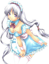 Rule 34 | 1girl, absurdres, bad id, bad pixiv id, blue eyes, blue hair, breasts, cleavage, colored pencil (medium), curtsey, female focus, frilled thighhighs, frills, highres, long hair, maid, maid headdress, marker (medium), matching hair/eyes, medium breasts, monety, original, pastel (medium), simple background, solo, thighhighs, traditional media, twintails, very long hair, white background, white thighhighs, wrist cuffs