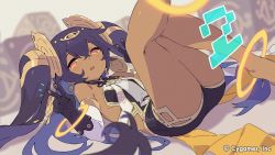 Rule 34 | 1girl, anklet, ass, barefoot, black gloves, black hair, blurry, blurry background, blurry foreground, breasts, bright pupils, dark skin, dark-skinned female, depth of field, earrings, gloves, hair ornament, jewelry, long hair, lying, nephtim (world flipper), official art, orange eyes, short shorts, shorts, small breasts, solo, tanaka (cow), twintails, v, very long hair, world flipper