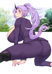 Rule 34 | 1girl, ass, black footwear, black horns, black horns, blush, breasts, cloud, cloudy sky, curvy, eyes visible through hair, formal, heart, high ponytail, highres, horn, horns, huge breasts, jacket, light purple hair, loafers, long hair, looking at viewer, looking to the side, nail polish, niwatora, office lady, oni, oni girl, oni horn, oni horns, pants, ponytail, purple eyes, purple hair, purple jacket, purple legwear, purple nails, purple pants, purple suit, shion (tensei shitara slime datta ken), shoes, single horn, sky, smile, solo, suit, tensei shitara slime datta ken, thick thighs, thighs, tree