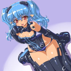 Rule 34 | 10s, 1girl, bad id, bad pixiv id, black thighhighs, blue hair, blush, breasts, busou shinki, cleavage, dd (ijigendd), doll joints, from above, joints, long hair, looking at viewer, looking up, medium breasts, open mouth, pointy ears, red eyes, shiny skin, sitting, solo, strarf, thighhighs, thighs, twintails, valona, wariza