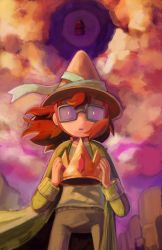 Rule 34 | absurdres, adventure time, coat, crown, glasses, hat, highres, parted lips, pointy hat, red clouds, red hair, red sky, sky, sweater, uanilla, yellow coat, yellow hat