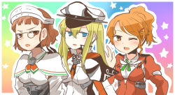 Rule 34 | 10s, 3girls, aquila (kancolle), blonde hair, blue eyes, brown eyes, brown hair, glasses, graf zeppelin (kancolle), hair ornament, hairclip, hat, kantai collection, multiple girls, one eye closed, open mouth, orange hair, rainbow background, rebecca (keinelove), roma (kancolle), star (symbol)