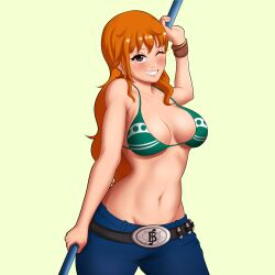 Rule 34 | 1girl, absurdres, bikini, bikini top only, blush, breasts, brown eyes, cleavage, denim, grin, highres, jeans, large breasts, lipstick, long hair, looking at viewer, makeup, midriff, nami (one piece), navel, one eye closed, one piece, orange hair, pants, pink lips, smile, swimsuit, weapon, wink