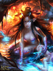 Rule 34 | 2girls, angry, artist name, bare shoulders, black hair, blue eyes, breasts, cleavage, closed eyes, copyright name, crying, dated, faceless, faceless female, fantasy, fins, fire, hair ornament, head fins, horns, legend of the cryptids, long hair, midriff, monster girl, multiple girls, navel, official art, rock, sitting, tatiana kirgetova, tattoo, teeth, water