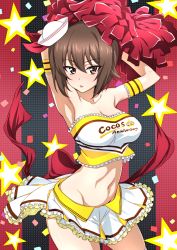 Rule 34 | 1girl, absurdres, armpits, arms up, bare shoulders, breasts, brown eyes, brown hair, cheerleader, cleavage, coco&#039;s, commentary request, girls und panzer, hat, highres, large breasts, looking at viewer, midriff, mini hat, nakahira guy, navel, nishizumi maho, pom pom (cheerleading), short hair, skirt, solo, star (symbol), starry background, thighhighs, white hat, white skirt