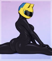 Rule 34 | 1girl, afrobull, ass, black bodysuit, black gloves, bodysuit, border, breasts, celty sturluson, commentary, covered face, durarara!!, english commentary, facing viewer, gloves, gradient background, grey border, helmet, highres, large breasts, long sleeves, motorcycle helmet, patreon username, purple background, skin tight, solo, split, watermark, web address