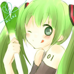Rule 34 | 1girl, bad id, bad pixiv id, bare shoulders, dated, detached sleeves, green eyes, green hair, hatsune miku, koro (ktdfn956), long hair, matching hair/eyes, no nose, one eye closed, solo, spring onion, twintails, vocaloid, wink