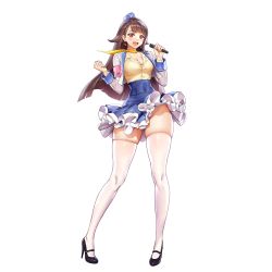 Rule 34 | 1girl, breasts, brown hair, cleavage, cropped jacket, earrings, full body, game cg, garrison cap, hat, high heels, highres, idol, idol clothes, jewelry, kakiman, last origin, looking at viewer, microphone, official art, red eyes, skindentation, skirt, sleipnir (last origin), solo, tachi-e, thighhighs, transparent background, white thighhighs