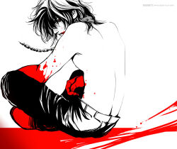 Rule 34 | 1boy, alucard (hellsing), artist name, blood, blood from mouth, blood on hands, chain, collar, from side, hellsing, indian style, limited palette, looking at viewer, male focus, red eyes, sitting, solo, topless male, toshimichi yukari, watermark, web address