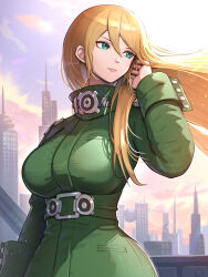 Rule 34 | 1girl, arm at side, blonde hair, blue eyes, breasts, building, cityscape, closed mouth, cloud, cloudy sky, commentary request, cowboy shot, cuff links, cuffs, dutch angle, floating hair, from below, gonzarez, green shirt, hair between eyes, hand in own hair, hand up, highres, large breasts, lips, long hair, long sleeves, looking to the side, metroid, metroid: other m, military, military uniform, mole, mole under mouth, nintendo, official alternate costume, revision, samus aran, shirt, sky, skyline, skyscraper, smile, solo, standing, sunrise, sunset, uniform