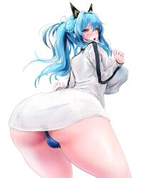 Rule 34 | 1girl, alternate costume, artist request, ass, ass focus, bikini, blue eyes, blue hair, blush, breasts, cameltoe, embarrassed, from behind, goddess of victory: nikke, hair intakes, half updo, helm (aqua marine) (nikke), helm (nikke), huge ass, jacket, large breasts, leaning, leaning forward, leotard, long hair, looking at viewer, looking back, open mouth, ponytail, sideboob, solo, swimsuit, swimsuit under clothes, thong, thong leotard, track jacket