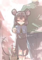 Rule 34 | 1girl, animal ears, arm around neck, basket, closed eyes, gaoo (frpjx283), good end, grey hair, head out of frame, height difference, hetero, jewelry, long sleeves, mouse ears, mouse tail, nazrin, necklace, pants, pendant, shirt, short hair, skirt, smile, spring onion, tail, touhou, walking