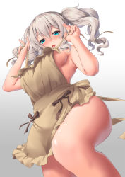 Rule 34 | 1girl, apron, awa yume, blue eyes, blush, breasts, frilled apron, frills, from below, hair between eyes, highres, kantai collection, kashima (kancolle), large breasts, long hair, naked apron, open mouth, ribbon, sideboob, silver hair, simple background, solo, twintails, wavy hair, yellow apron