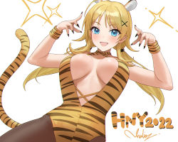 Rule 34 | 1girl, 2022, :d, animal ears, animal print, artist name, black nails, blonde hair, blue eyes, blush, chinese zodiac, commentary request, fake animal ears, fingernails, hachimiya meguru, hair ornament, idolmaster, idolmaster shiny colors, long fingernails, long hair, looking at viewer, low twintails, nail polish, nhaliz, open mouth, signature, simple background, smile, solo, sparkle, tail, tiger ears, tiger print, tiger tail, twintails, white background, x hair ornament, year of the tiger