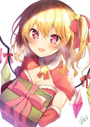 Rule 34 | 1girl, absurdres, alternate costume, blonde hair, blush, box, breasts, breath, cleavage, crystal, detached collar, fang, flandre scarlet, fur-trimmed collar, fur-trimmed mittens, fur trim, gift, gift box, hair between eyes, hair ribbon, heart, highres, holding, holding box, looking at viewer, medium breasts, mittens, neck ribbon, nenobi (nenorium), no headwear, open mouth, red mittens, ribbon, short hair, side ponytail, signature, simple background, solo, star (symbol), touhou, upper body, white background, wings
